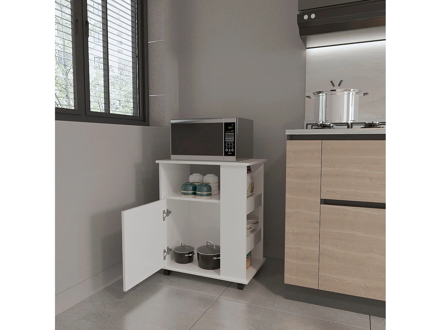 Mobile inferiore per microonde in melamina con mobile e 4 ripiani , 73.4 cm X 60 cm X 39.8 cm , Bianco