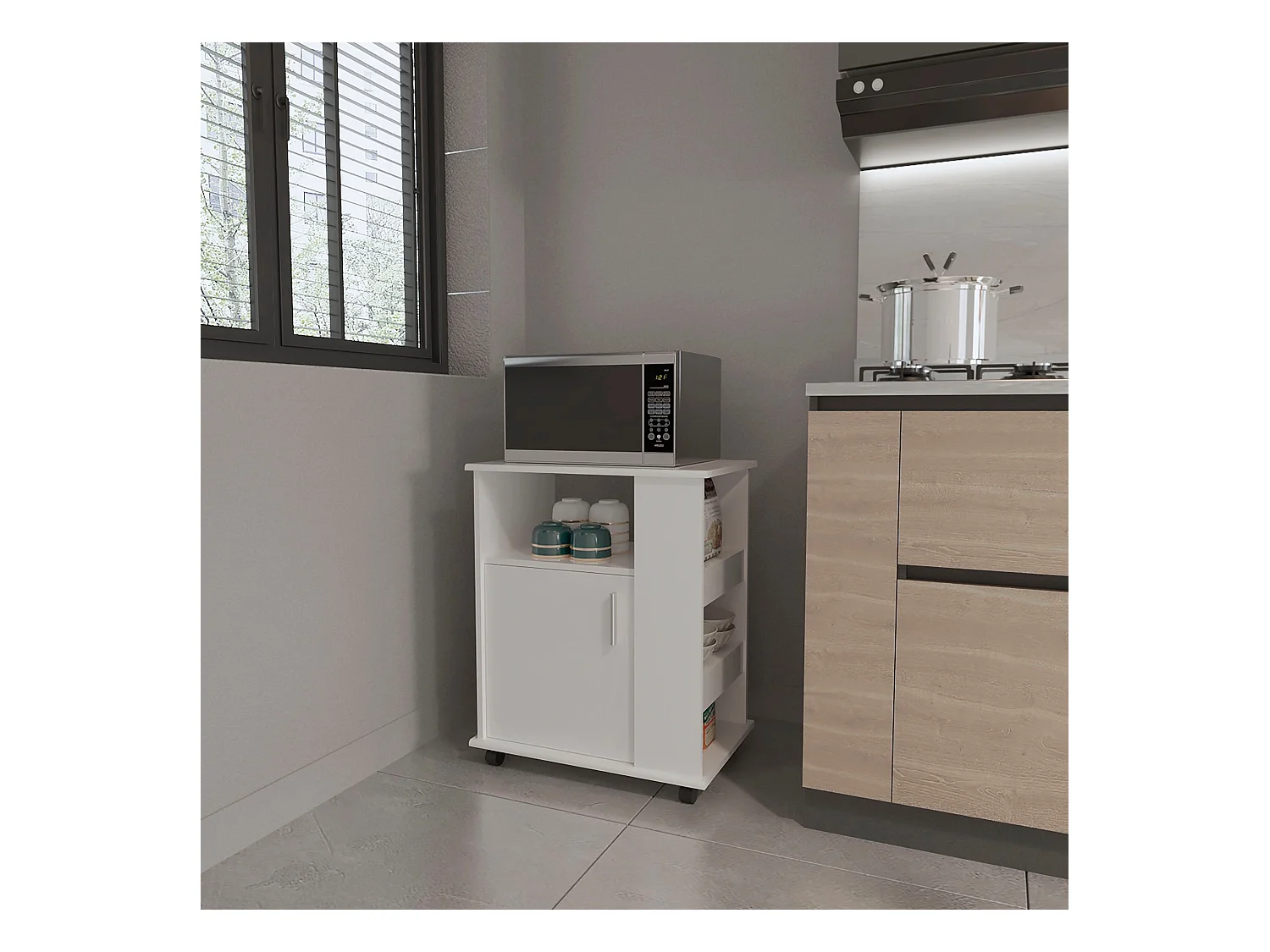 Meuble inférieur pour micro-ondes en mélamine avec meuble et 4 étagères , 73.4 cm X 60 cm X 39.8 cm , Blanc
