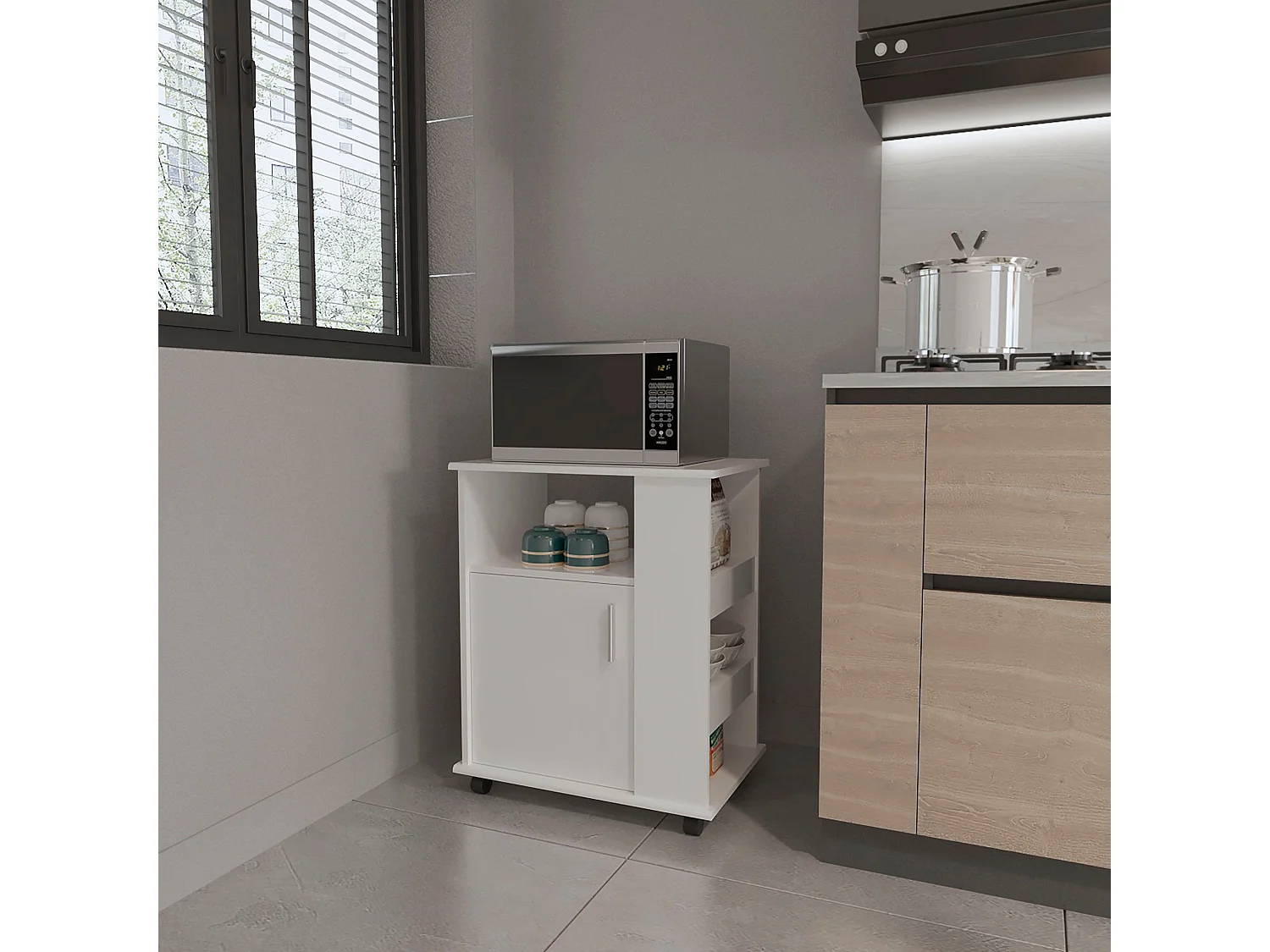 Meuble inférieur pour micro-ondes en mélamine avec meuble et 4 étagères , 73.4 cm X 60 cm X 39.8 cm , Blanc