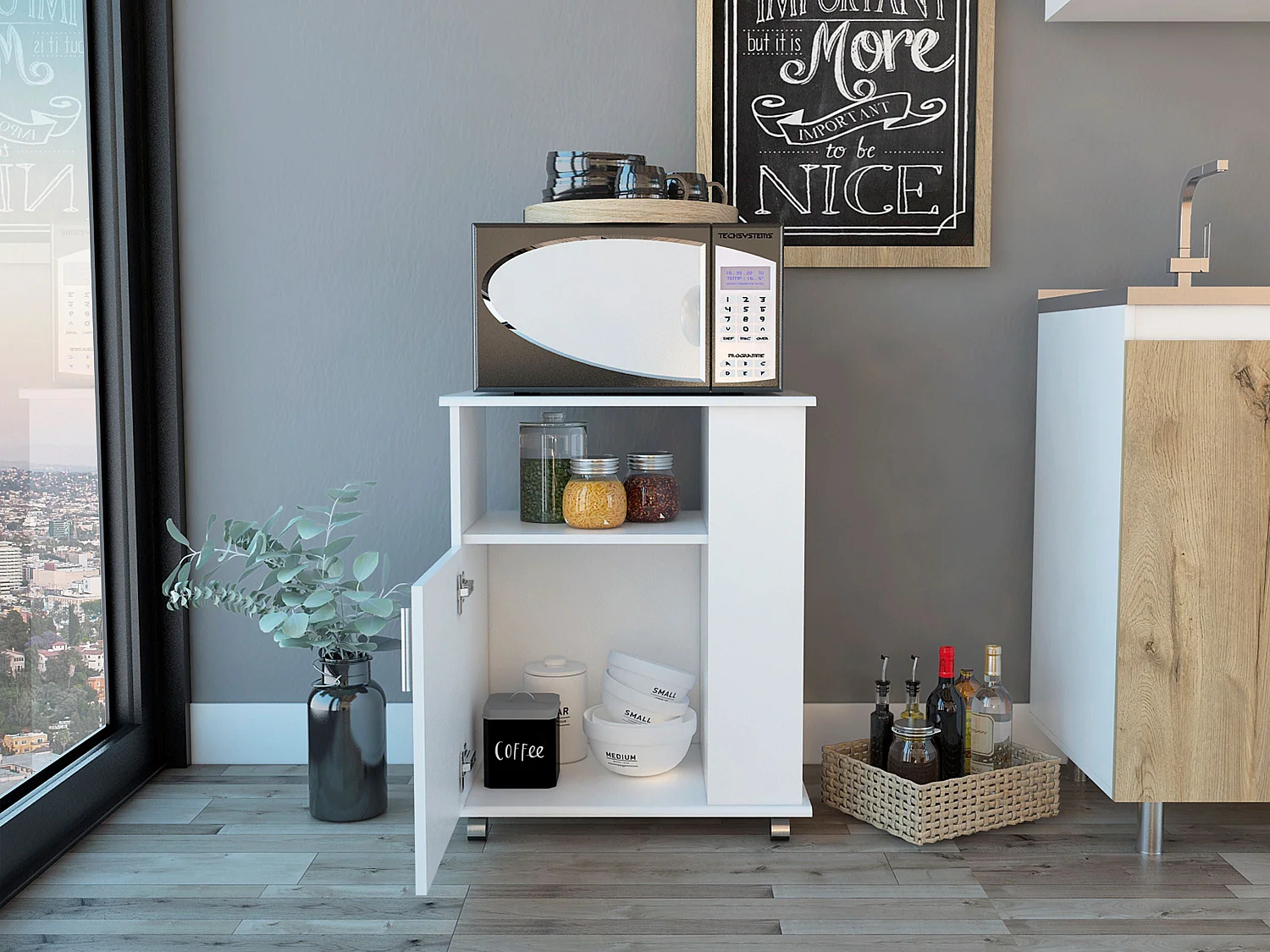 Meuble inférieur pour micro-ondes en mélamine avec meuble et 4 étagères , 73.4 cm X 60 cm X 39.8 cm , Blanc