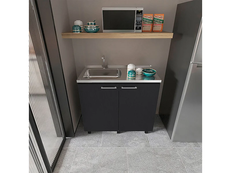 Base ausiliaria Napoles in melamina con piano in acciaio inox, 89 cm X 100 cm X 52.5 cm , Nero