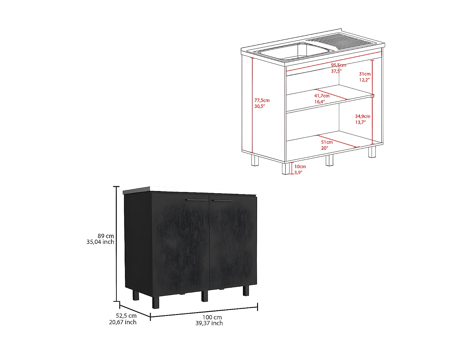 Base ausiliaria Napoles in melamina con piano in acciaio inox, 89 cm X 100 cm X 52.5 cm , Nero