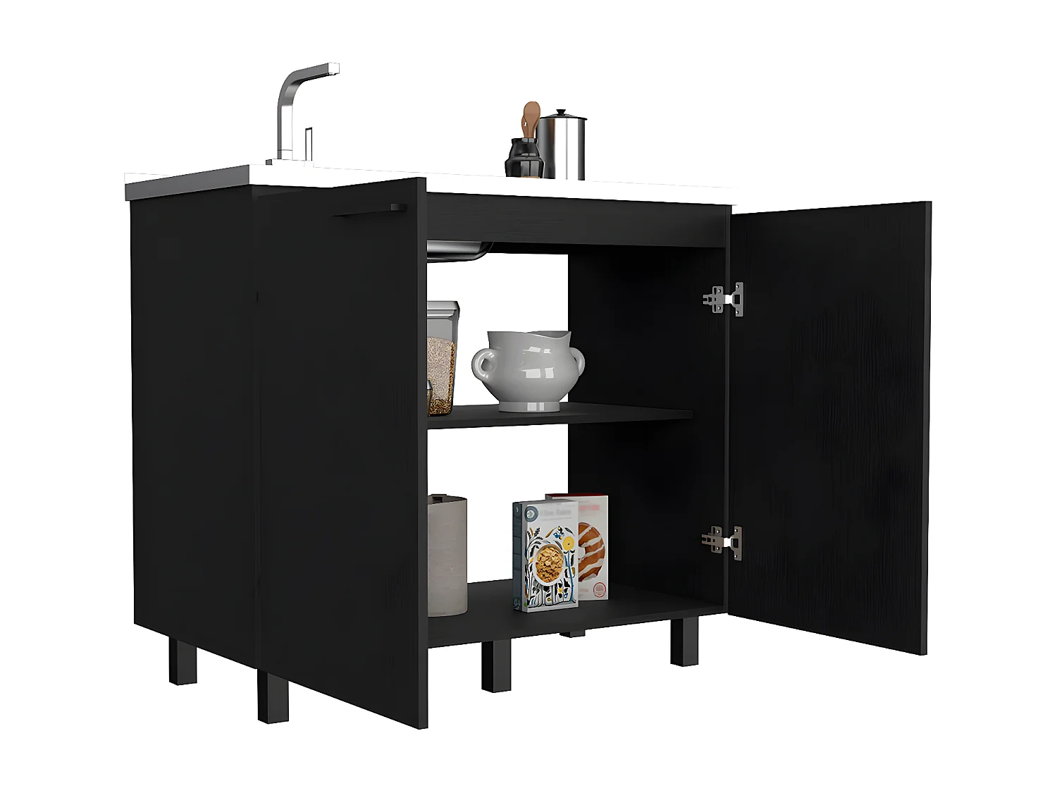 Base ausiliaria Napoles in melamina con piano in acciaio inox, 89 cm X 100 cm X 52.5 cm , Nero