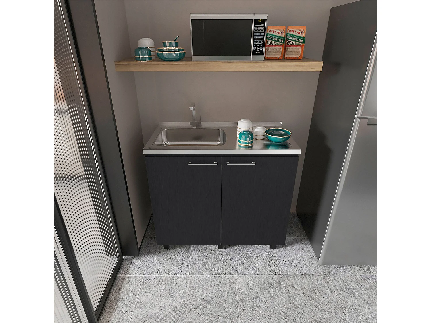 Meuble d'appoint Napoles en mélamine avec plan en acier inoxydable, 89 cm X 100 cm X 52.5 cm , Noir