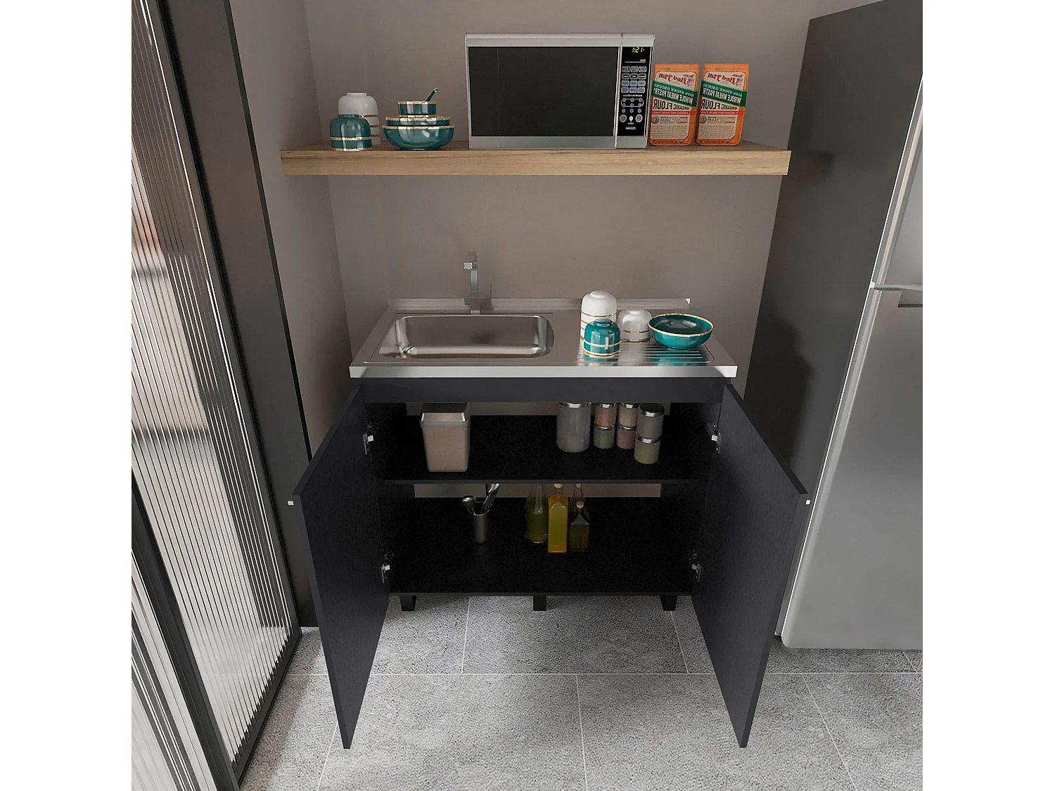 Meuble d'appoint Napoles en mélamine avec plan en acier inoxydable, 89 cm X 100 cm X 52.5 cm , Noir