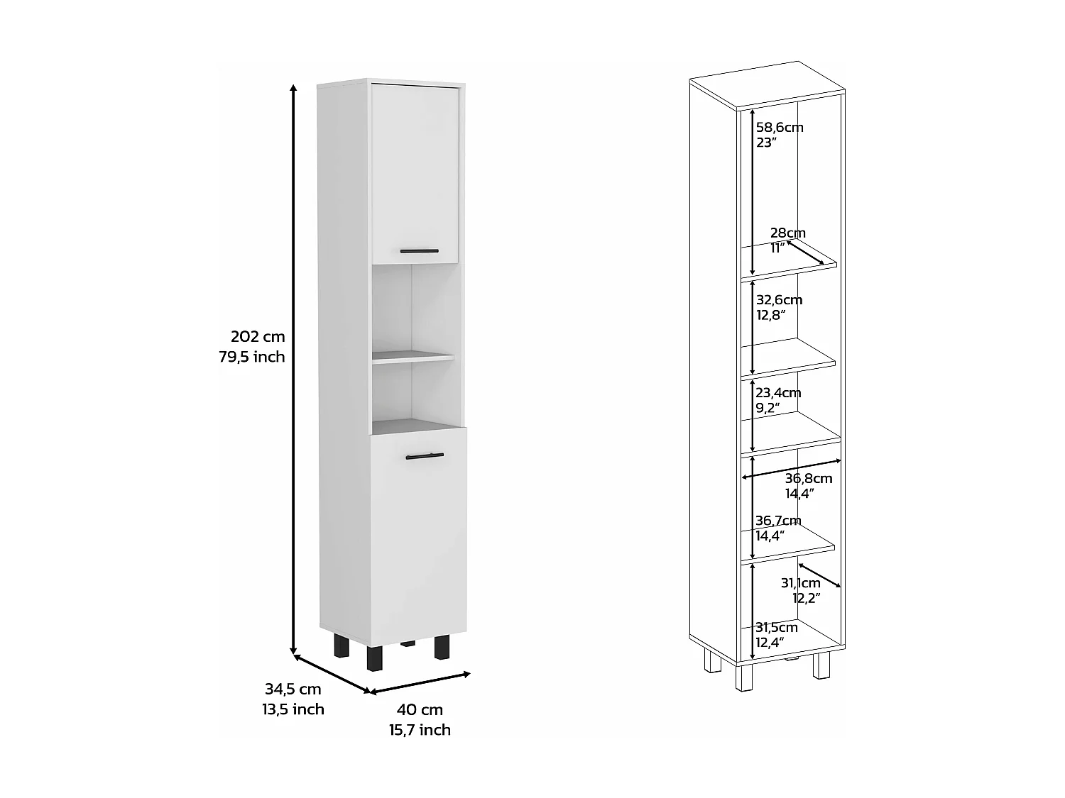 Armadio in melamina Hobart con due armadi e cinque ripiani , 201.93 cm X 39,8 cm X 34.8 cm , Bianco