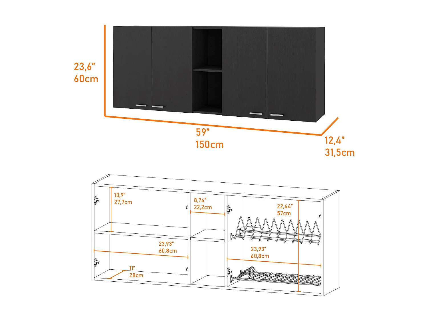 Pensile da cucina in melaminico Rochet con 4 armadi e 3 ripiani, 60 cm X 150 cm X 31.5 cm , Nero