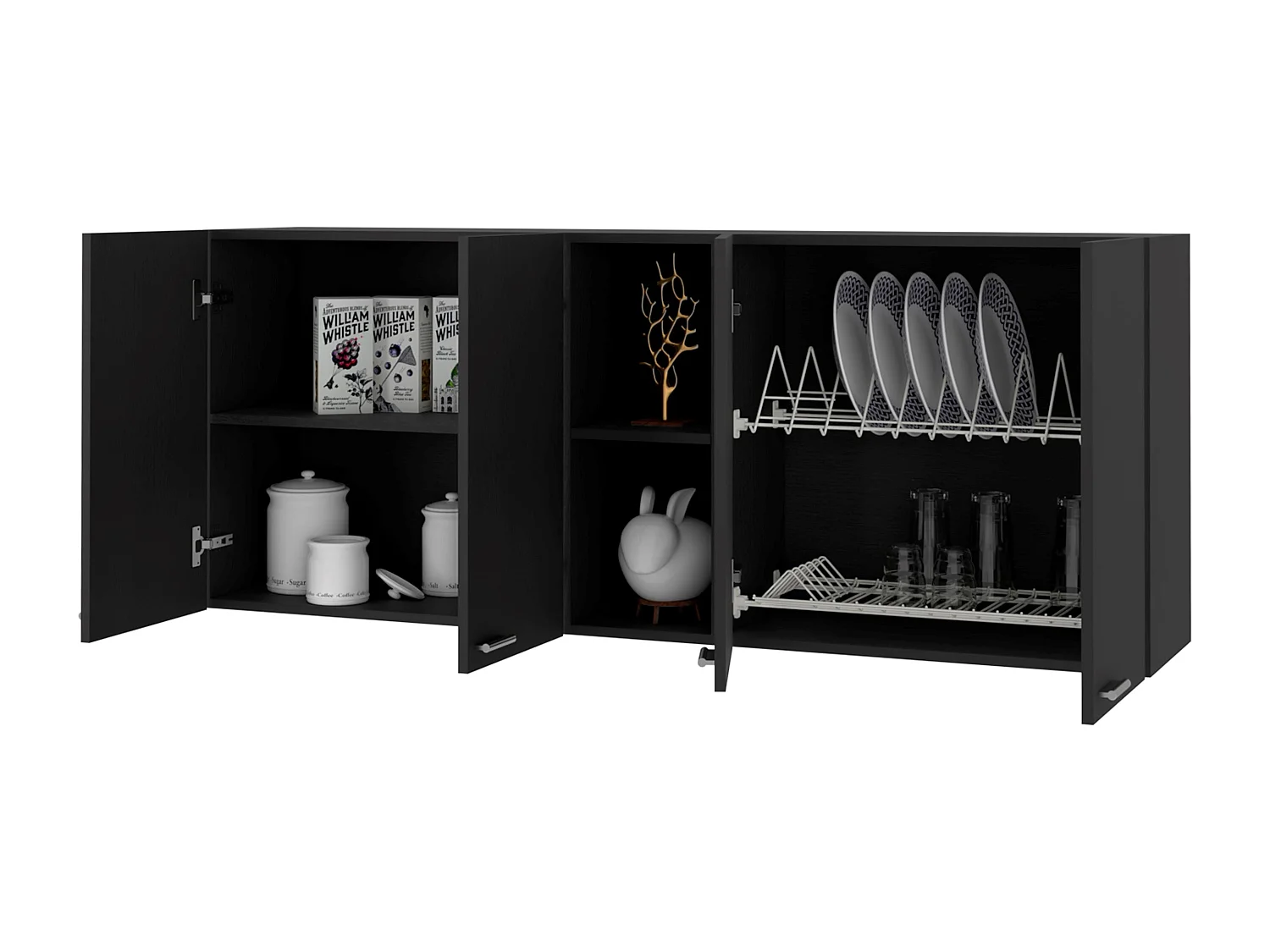 Pensile da cucina in melaminico Rochet con 4 armadi e 3 ripiani, 60 cm X 150 cm X 31.5 cm , Nero