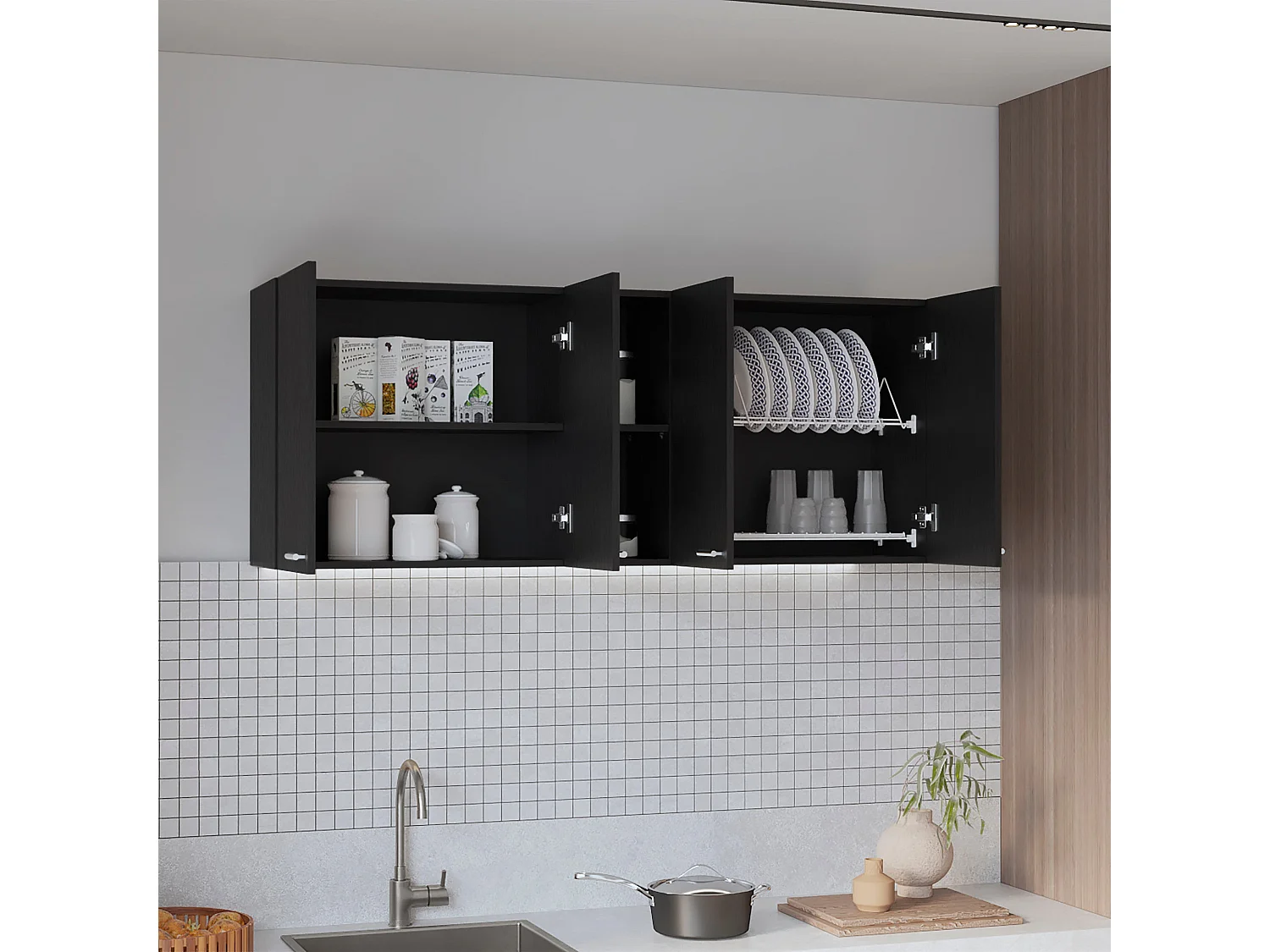 Pensile da cucina in melaminico Rochet con 4 armadi e 3 ripiani, 60 cm X 150 cm X 31.5 cm , Nero