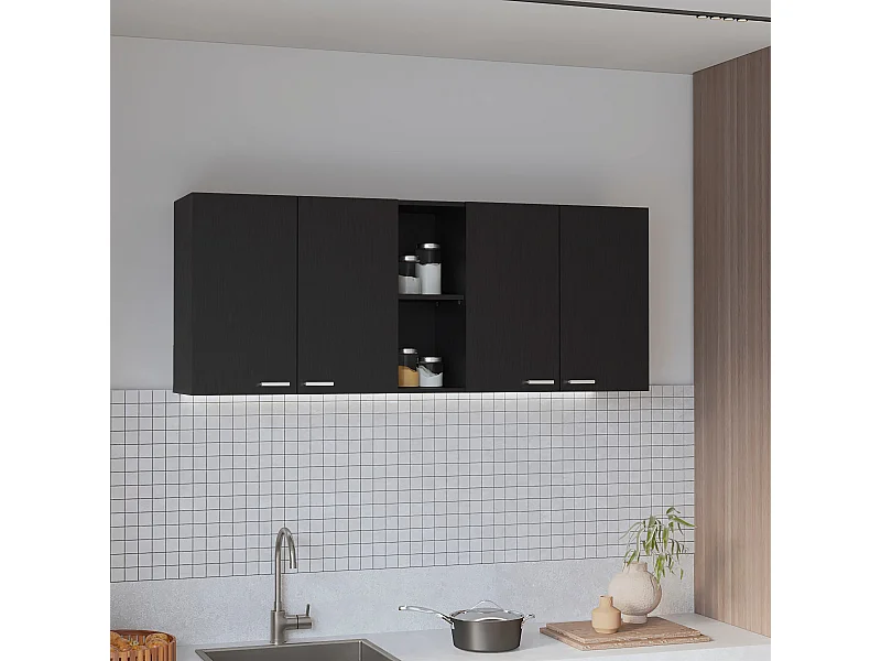 Meuble mural de cuisine en mélamine Rochet avec 4 armoires et 3 étagères, 60 cm X 150 cm X 31.5 cm , Noir