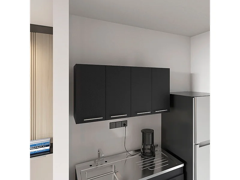 Pensile da cucina in melamina Paris con 4 armadi e 2 ripiani , 59.94 cm X 120 cm X 33.27 cm , Nero