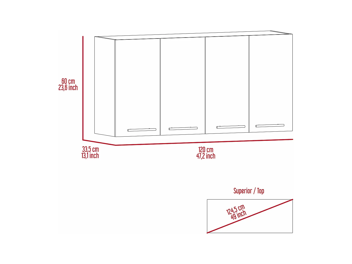 Pensile da cucina in melamina Paris con 4 armadi e 2 ripiani , 59.94 cm X 120 cm X 33.27 cm , Nero