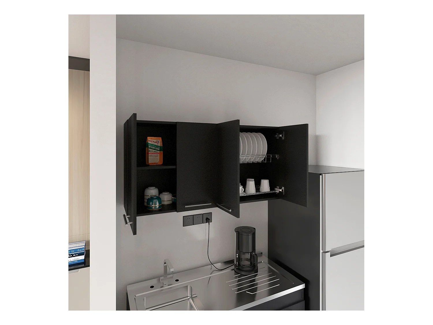 Pensile da cucina in melamina Paris con 4 armadi e 2 ripiani , 59.94 cm X 120 cm X 33.27 cm , Nero