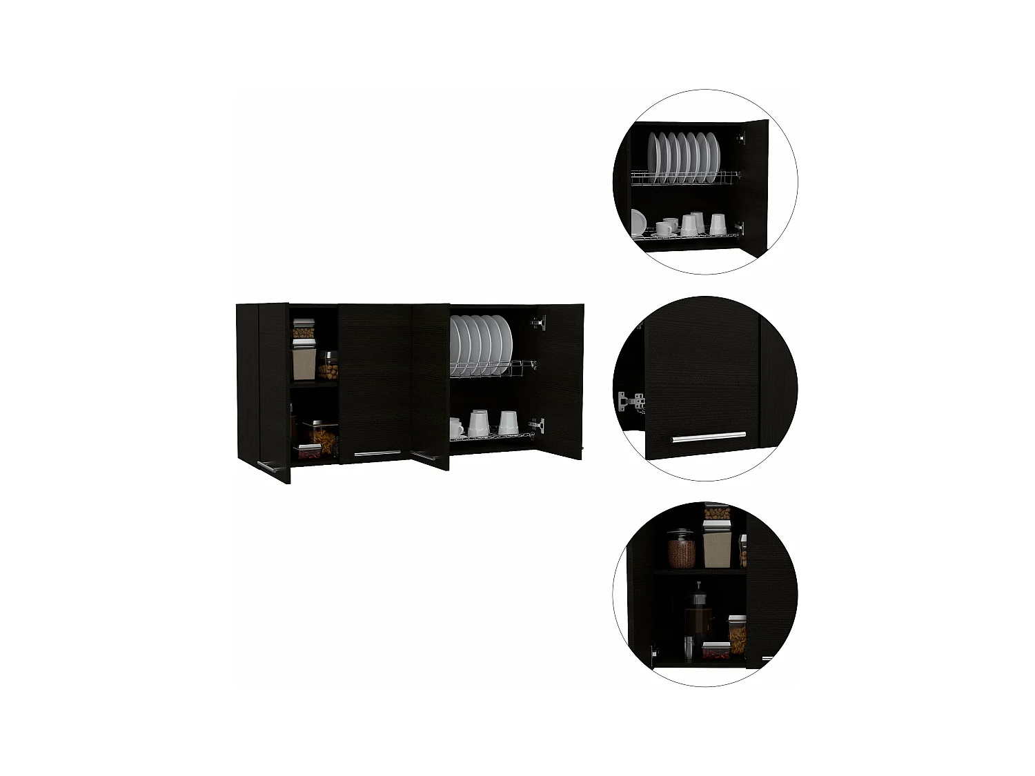 Pensile da cucina in melamina Paris con 4 armadi e 2 ripiani , 59.94 cm X 120 cm X 33.27 cm , Nero