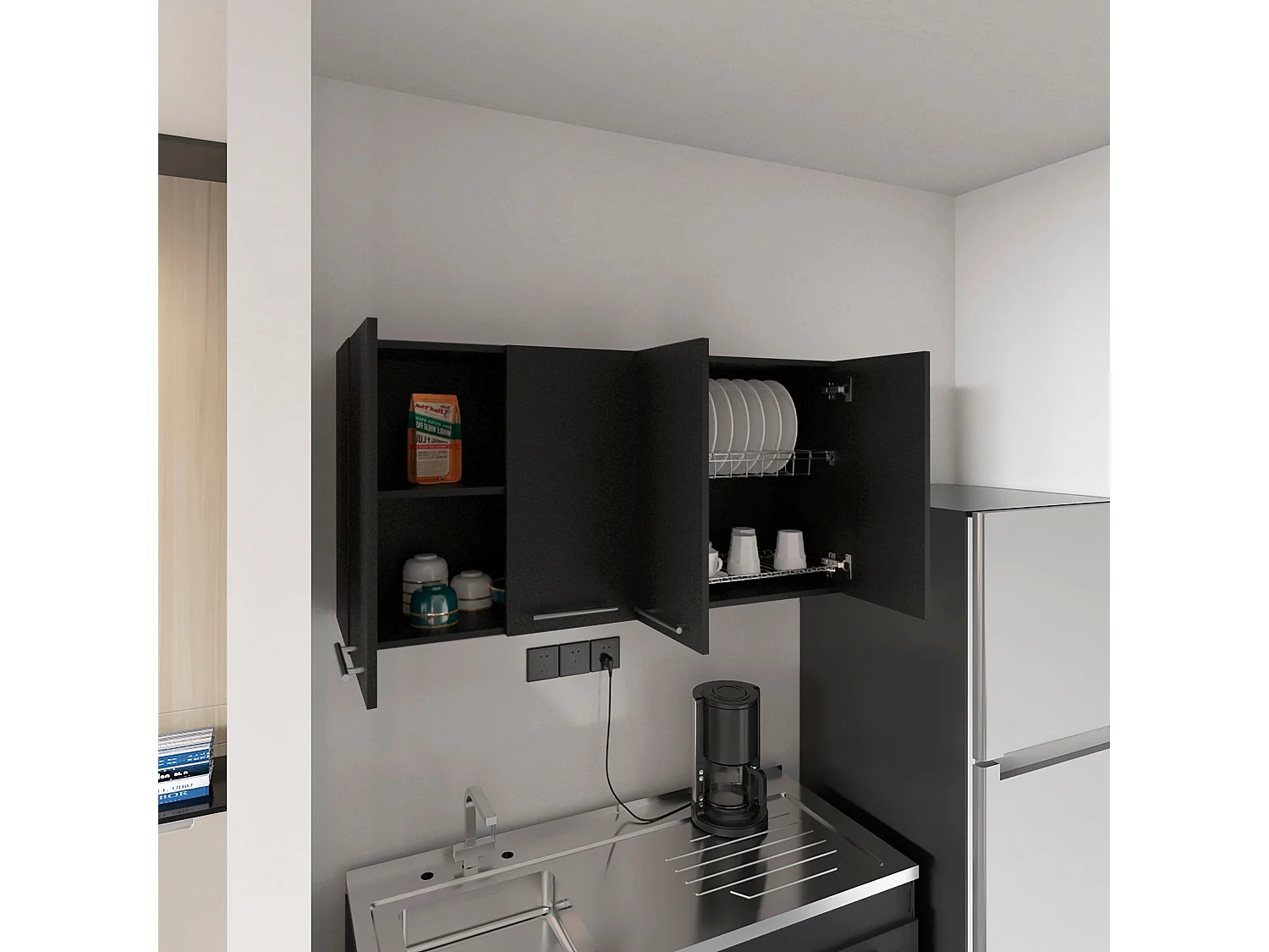 Móvel de cozinha em melamina Paris com 4 armários e 2 prateleiras , 59.94 cm X 120 cm X 33.27 cm , Preto