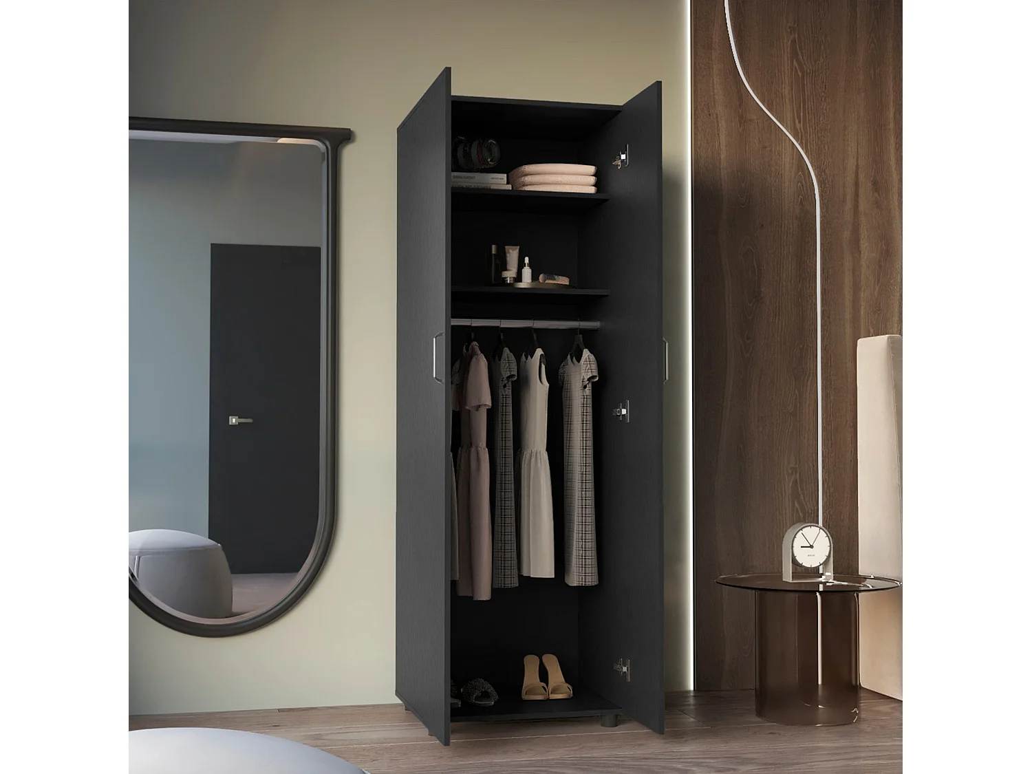 Armadio Aurora in melamina con due ripiani e asta appendiabiti , 180 cm X 60 cm X 48.5 cm , Nero