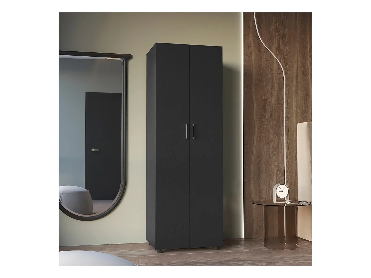 Armoire Aurora en mélamine avec deux étagères et une tringle à vêtements , 180 cm X 60 cm X 48.5 cm , Noir