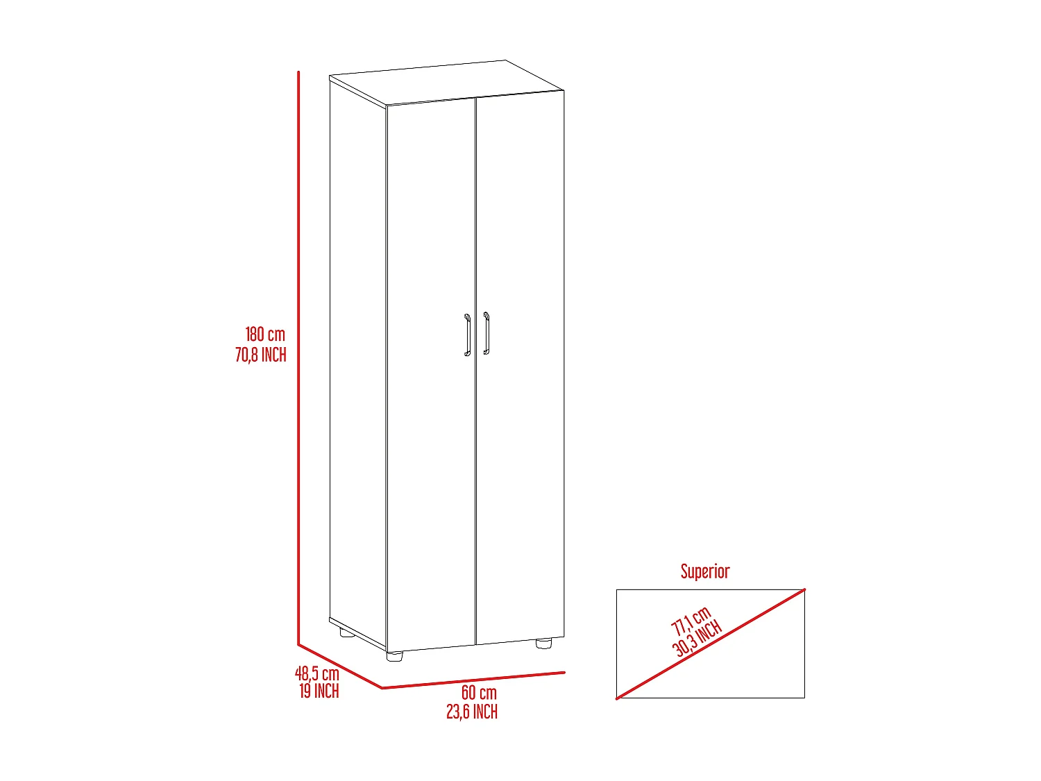 Armoire Aurora en mélamine avec deux étagères et une tringle à vêtements , 180 cm X 60 cm X 48.5 cm , Noir