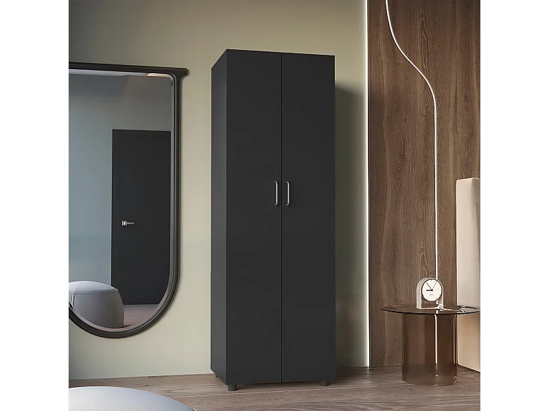 Armoire Aurora en mélamine avec deux étagères et une tringle à vêtements , 180 cm X 60 cm X 48.5 cm , Noir