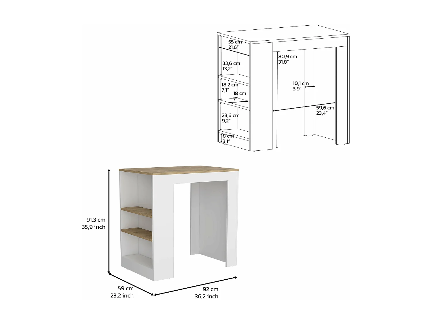 Isola da cucina Portree in melaminico 3 ripiani e contenitore a giorno , 91.28 cm X 92 cm X 59 cm , Multicolore