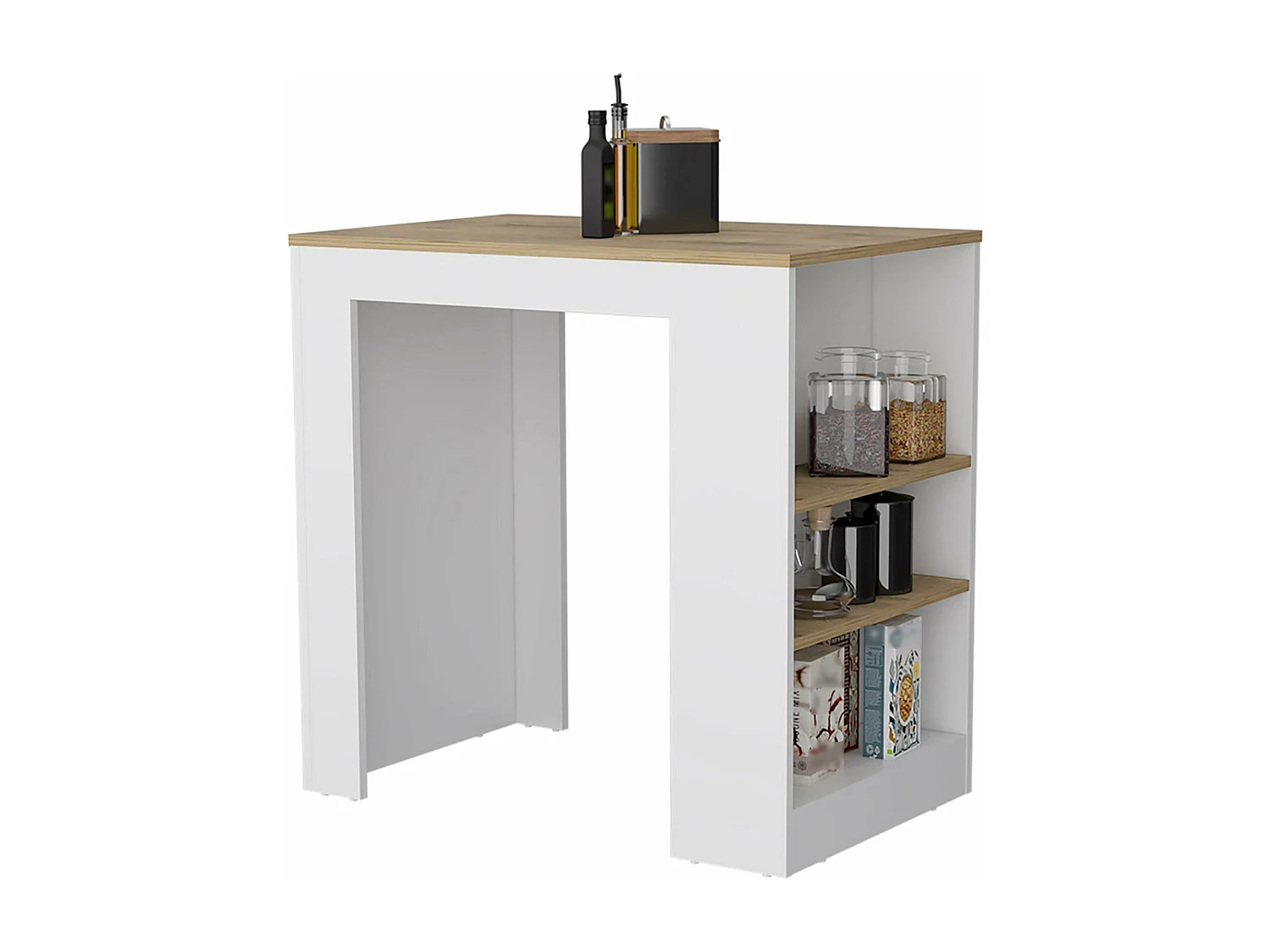 Isola da cucina Portree in melaminico 3 ripiani e contenitore a giorno , 91.28 cm X 92 cm X 59 cm , Multicolore