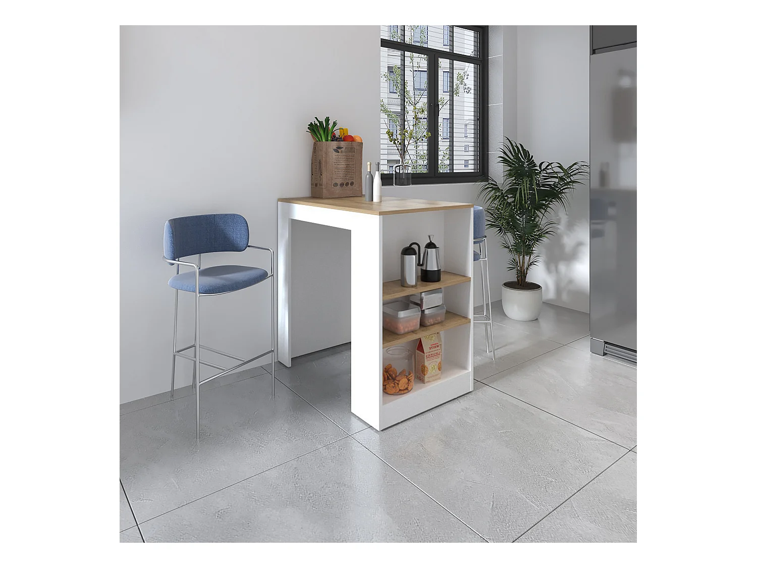 Ilot de cuisine Portree en mélamine 3 étagères et rangement ouvert , 91.28 cm X 92 cm X 59 cm , Multicolore