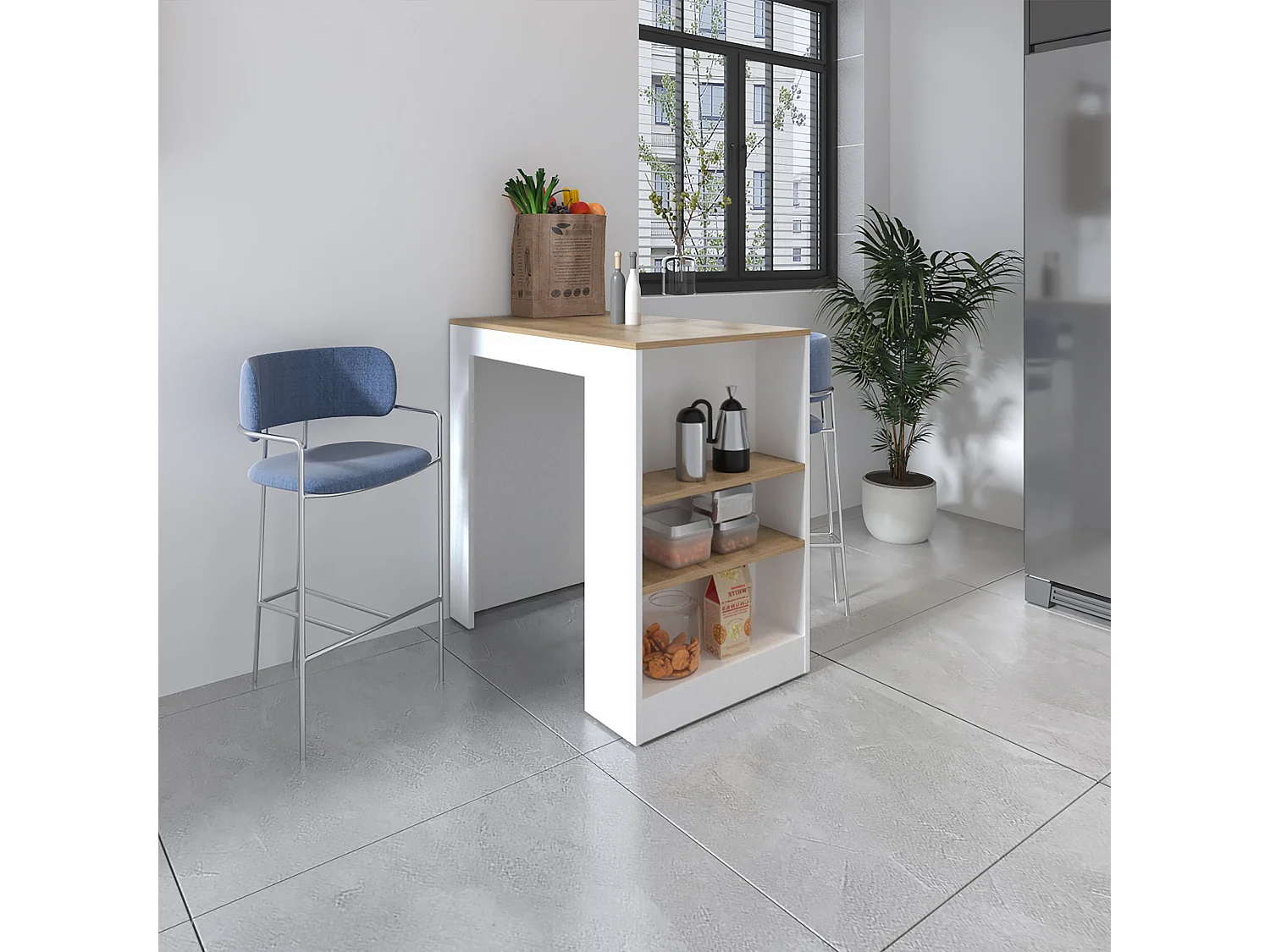 Ilot de cuisine Portree en mélamine 3 étagères et rangement ouvert , 91.28 cm X 92 cm X 59 cm , Multicolore