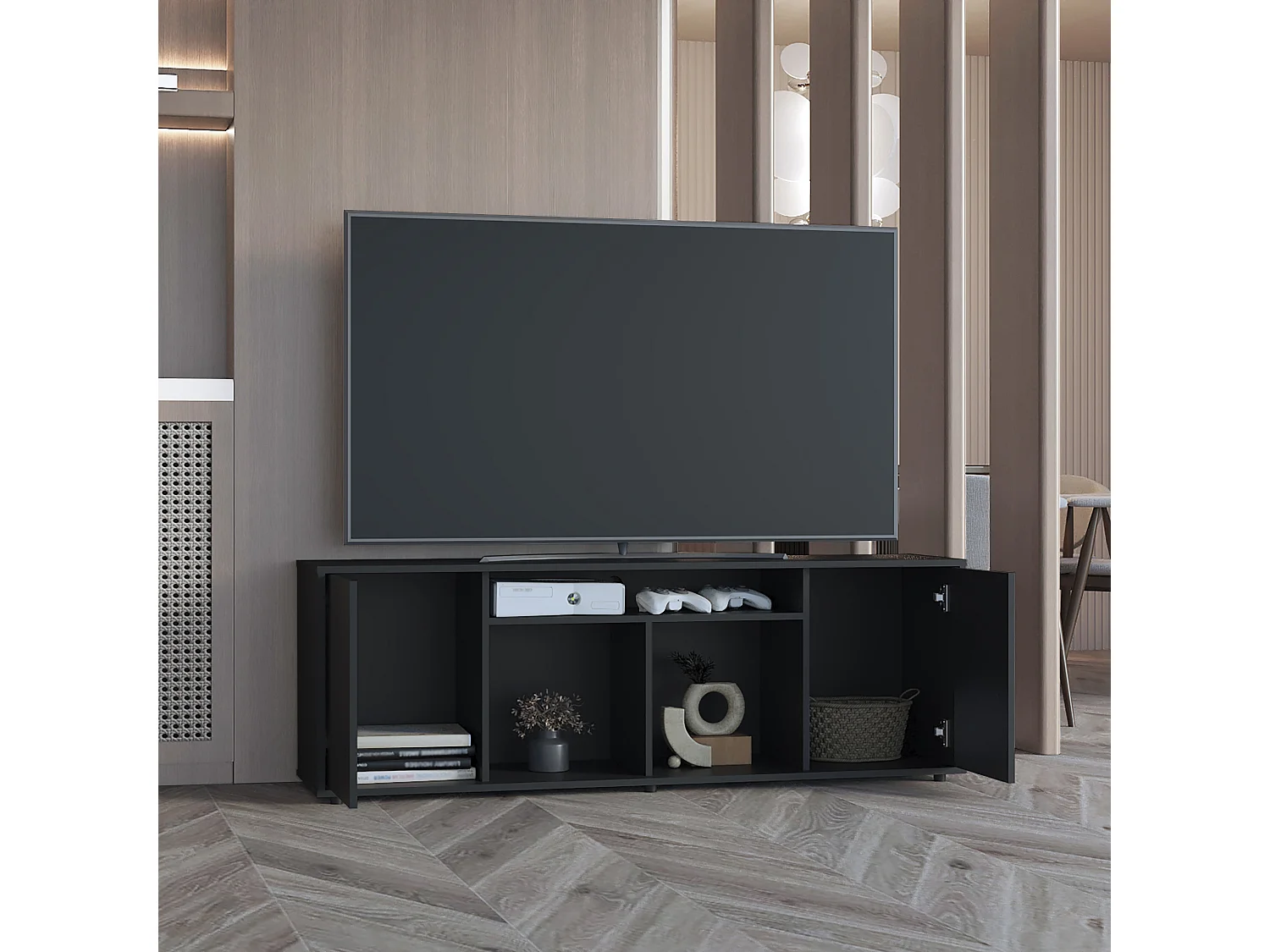 Porta TV Prana in melamina con ampio spazio e 3 ripiani, 51.5 cm X 150.4 cm X 37 cm , Nero