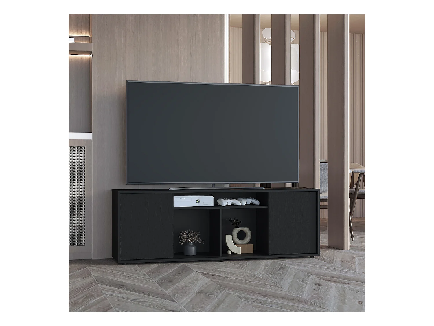 Meuble TV en mélamine Prana avec grand rangement et 3 étagères, 51.5 cm X 150.4 cm X 37 cm , Noir