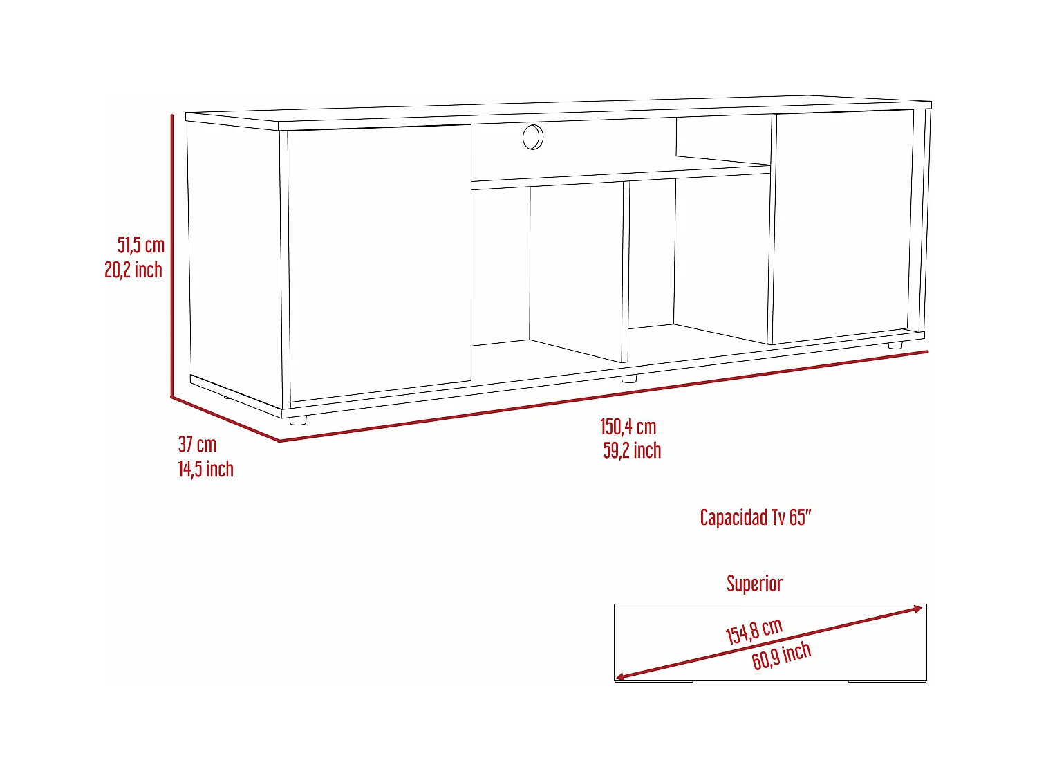 Mueble para TV Prana en melamina,amplio almacenamiento y 3 estantes , 51.5 cm X 150.4 cm X 37 cm , Negro