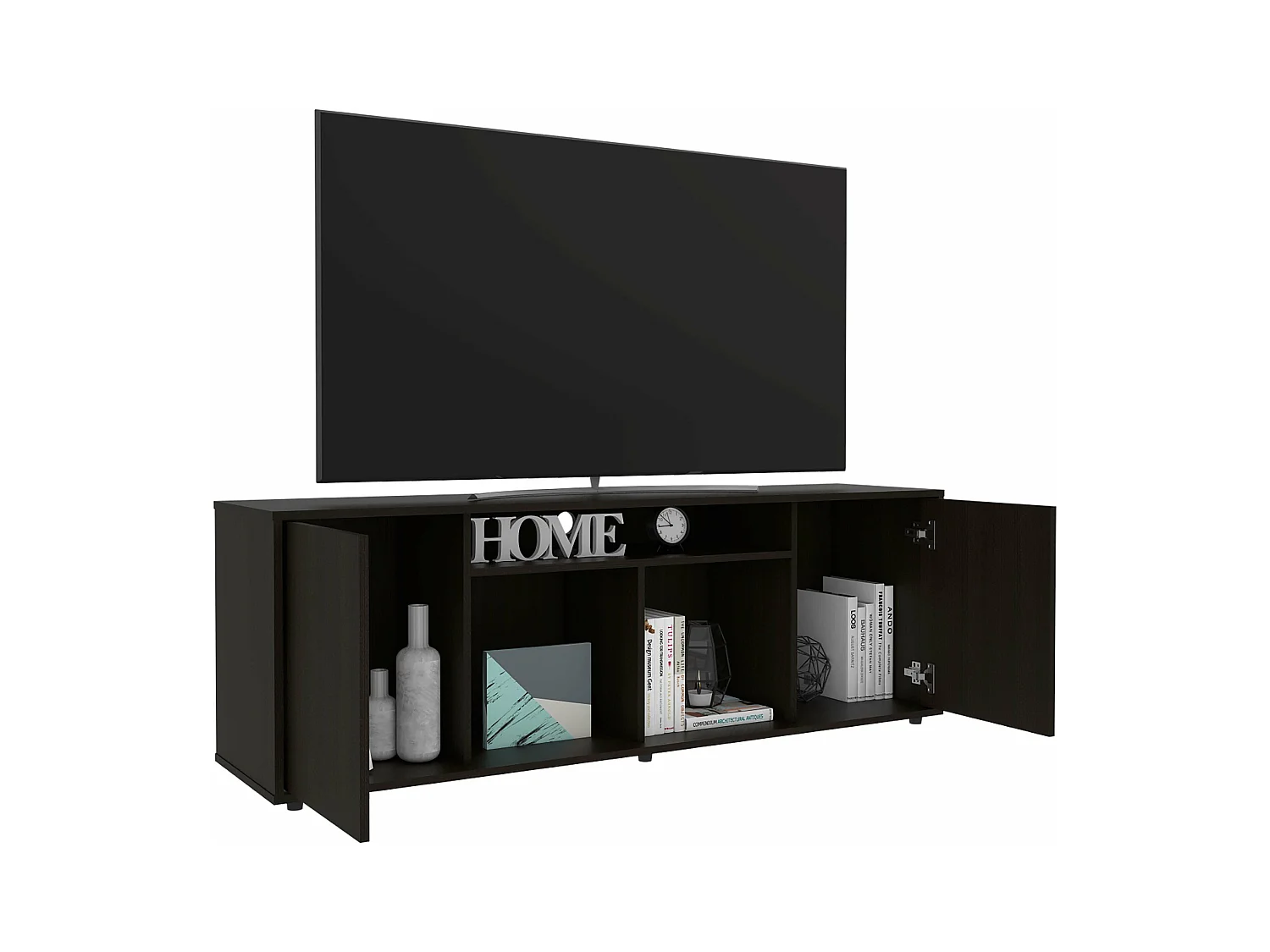 Mueble para TV Prana en melamina,amplio almacenamiento y 3 estantes , 51.5 cm X 150.4 cm X 37 cm , Negro
