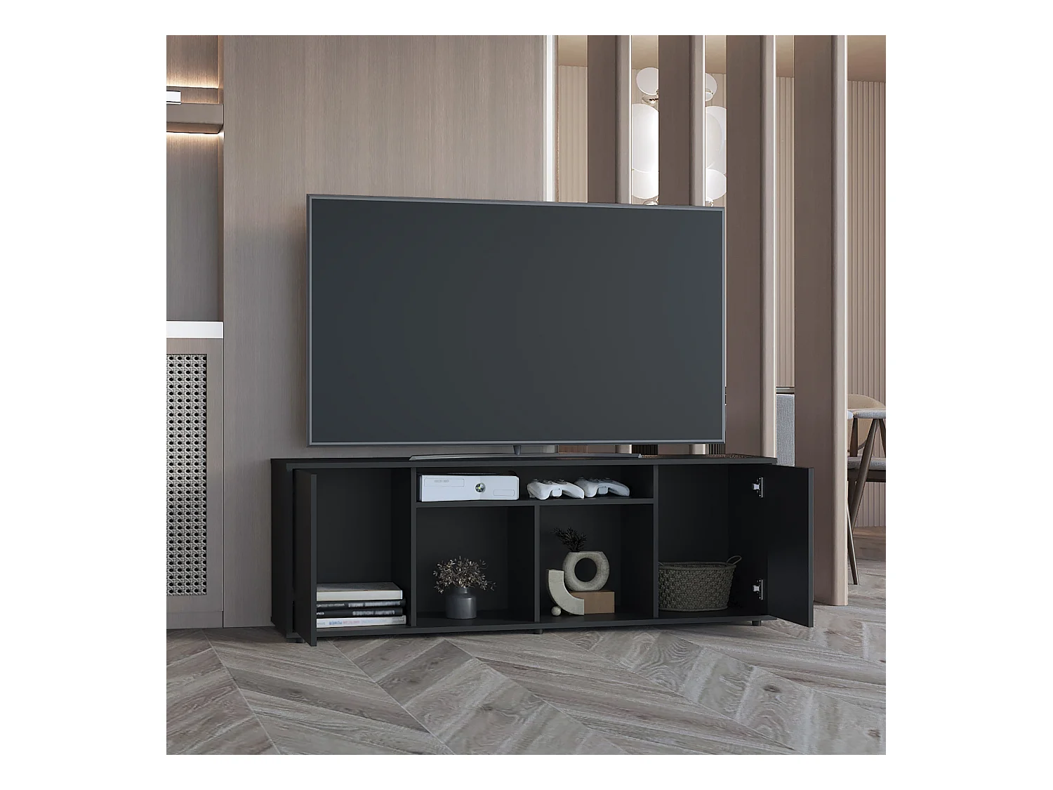 Mueble para TV Prana en melamina,amplio almacenamiento y 3 estantes , 51.5 cm X 150.4 cm X 37 cm , Negro