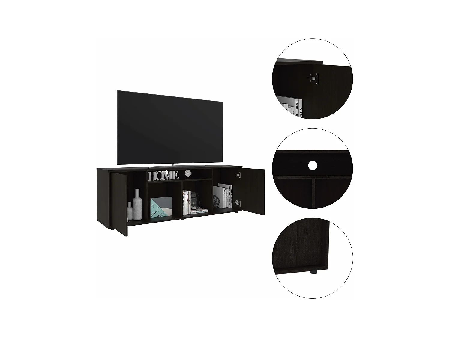 Mueble para TV Prana en melamina,amplio almacenamiento y 3 estantes , 51.5 cm X 150.4 cm X 37 cm , Negro