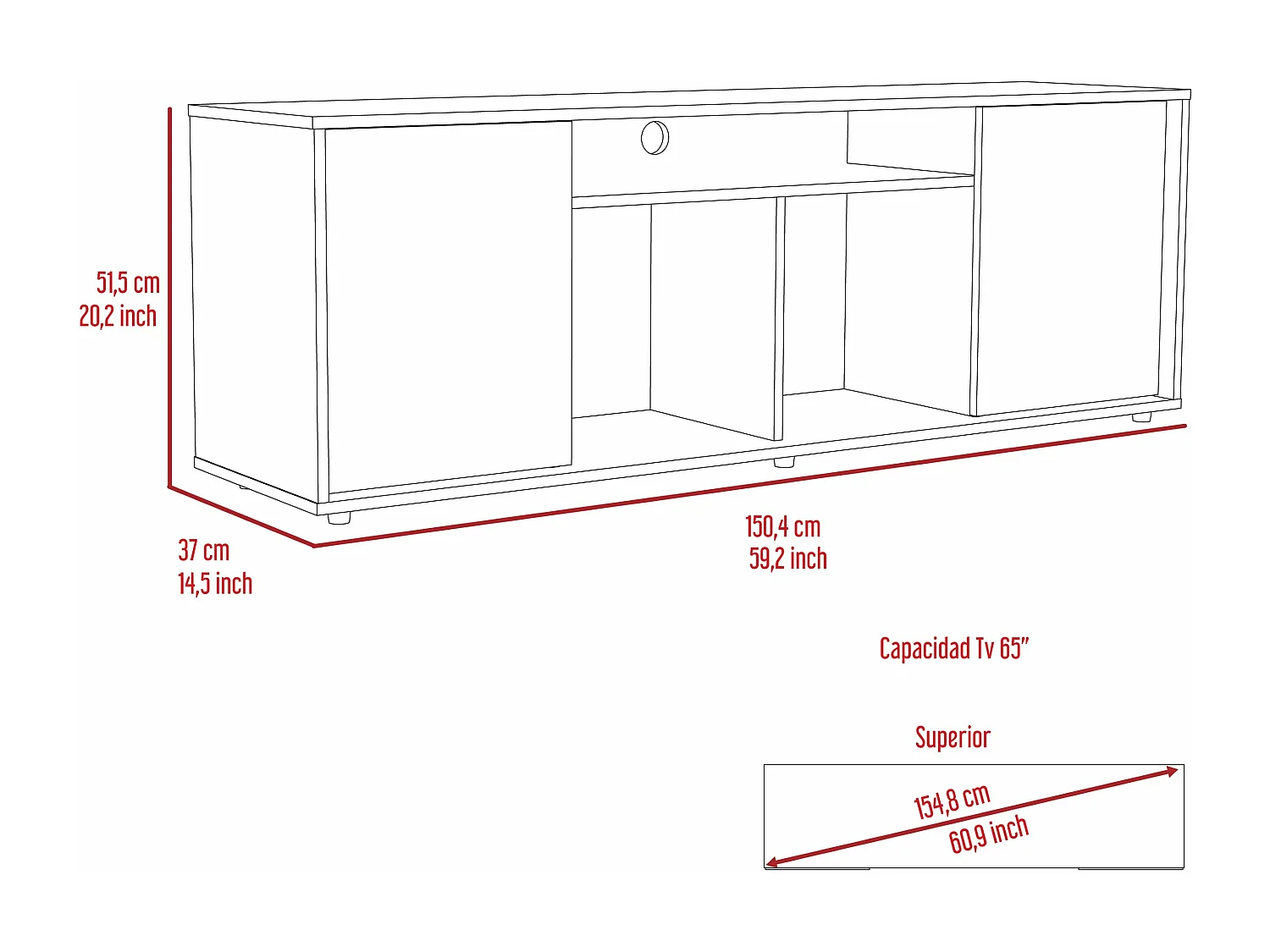 Mueble para TV Prana en melamina,amplio almacenamiento y 3 estantes , 51.5 cm X 150.4 cm X 37 cm , Negro