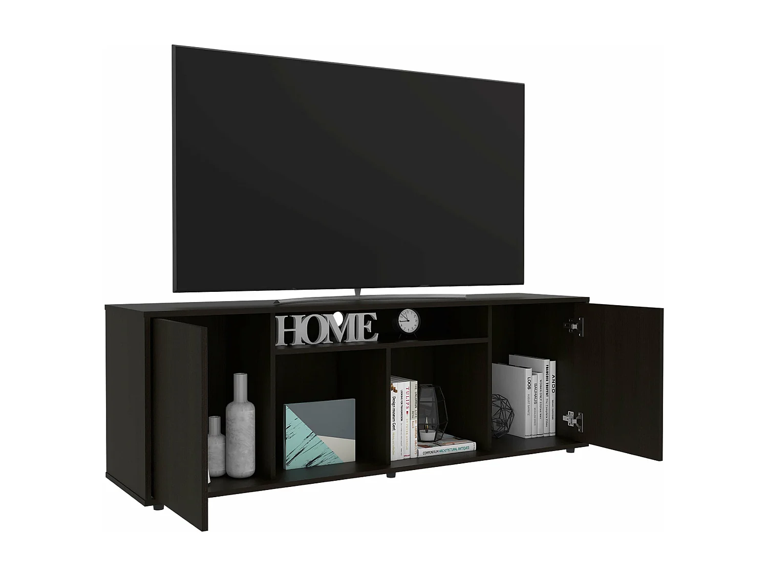 Mueble para TV Prana en melamina,amplio almacenamiento y 3 estantes , 51.5 cm X 150.4 cm X 37 cm , Negro