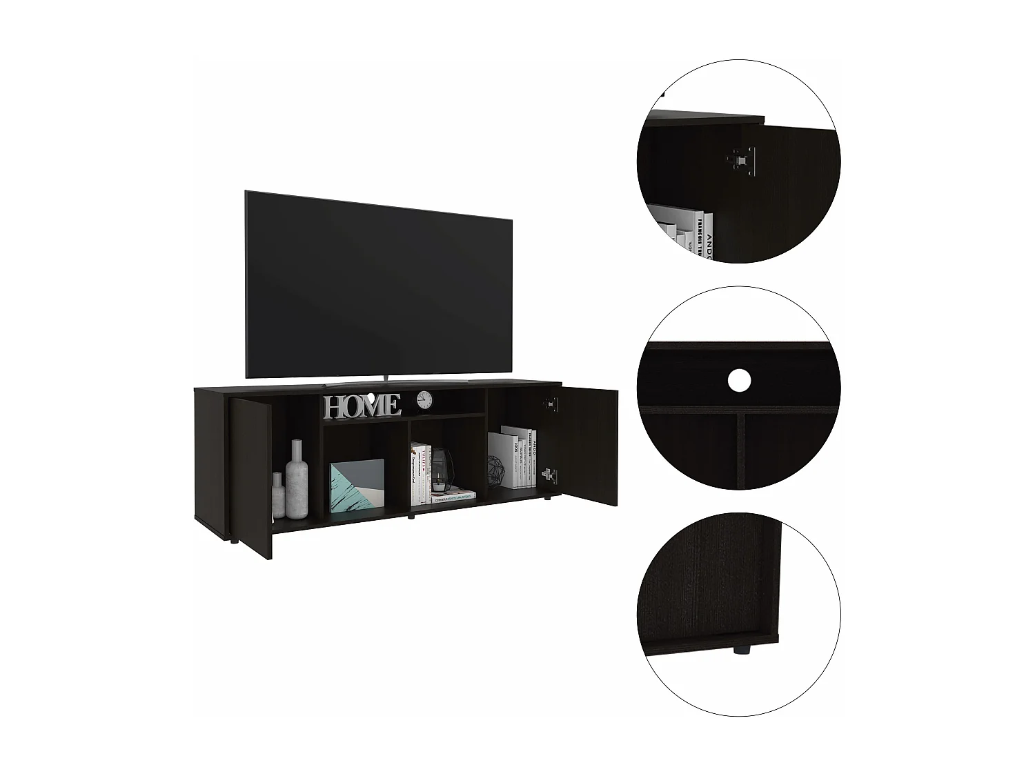 Mueble para TV Prana en melamina,amplio almacenamiento y 3 estantes , 51.5 cm X 150.4 cm X 37 cm , Negro