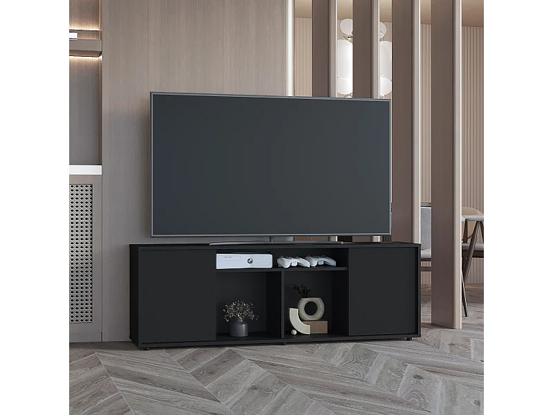 Meuble TV en mélamine Prana avec grand rangement et 3 étagères, 51.5 cm X 150.4 cm X 37 cm , Noir