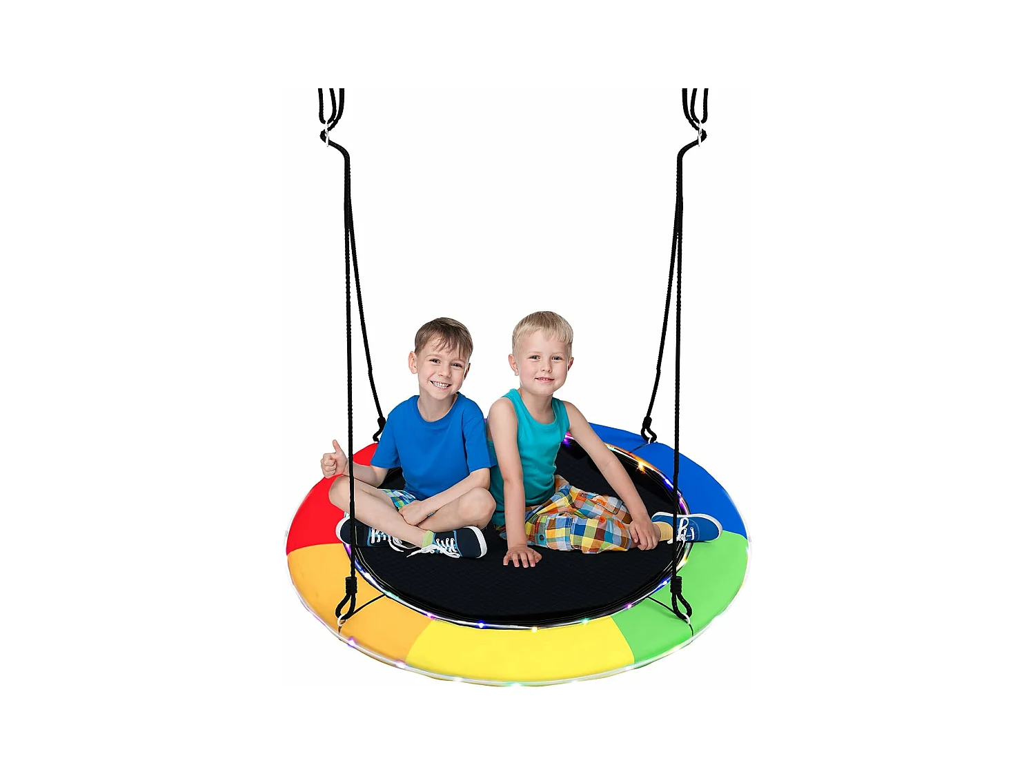 Balançoire Nid d'Oiseau Ø 100CM avec Corde Réglable 100-160CM, Balançoire Soucoupe Intérieur Extérieur avec Lumières LED Coloré en 8 Mode, Charge 300kg pour 2-3 Enfants de 3 Ans+, Arc-en-ciel
