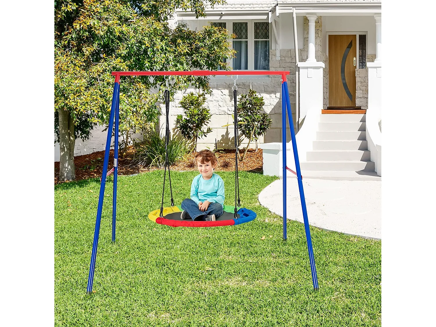 Portique de Balançoire en Métal avec Structure en A, Support de Balançoire avec Tapis Antidérapant, Charge 250kg pour Intérieur et Extérieur, 194 x 184 x 180 cm, sans Balançoire (Rouge)