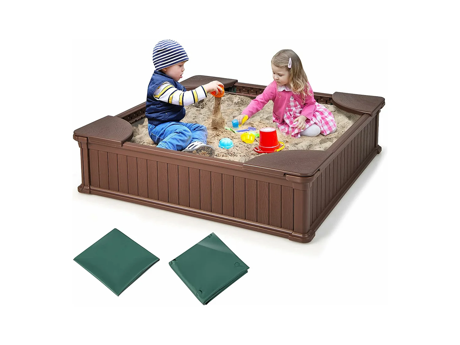 Bac à Sable Enfants Carré en HDPE avec 4 Sièges d'angle, Bac à Sable avec Couvercle en Oxford et Doublure de Sol, Charge 50kg pour 4 Enfants de 3 Ans+, 123,5 x 123,5 x 31,5 CM (Marron)