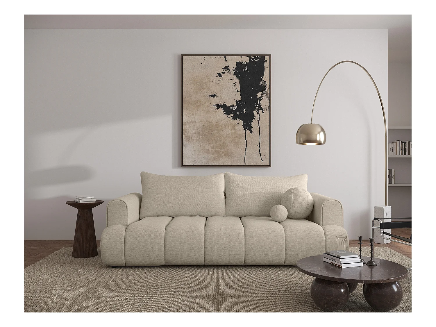 Canapé convertible trois places - tissu chenille beige clair - DANDELINO