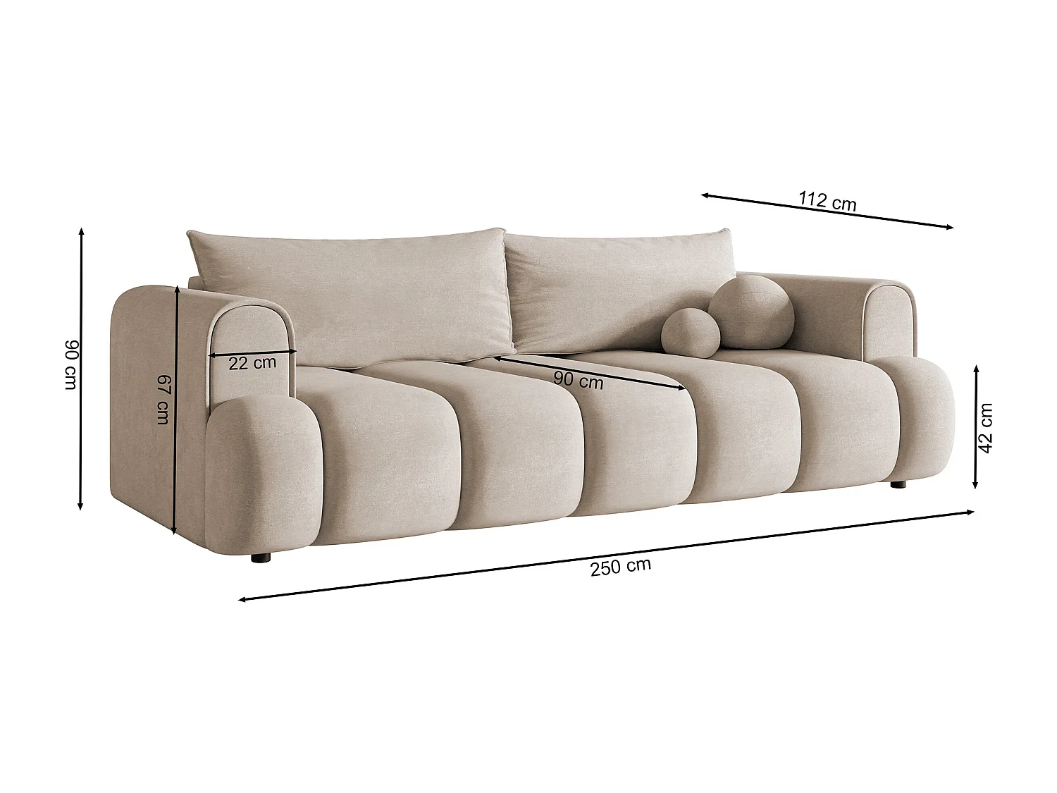 Driezits slaapbank - lichtbeige chenillestof - DANDELINO