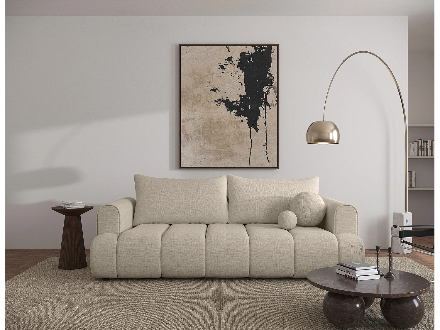 Canapé convertible trois places - tissu chenille beige clair - DANDELINO