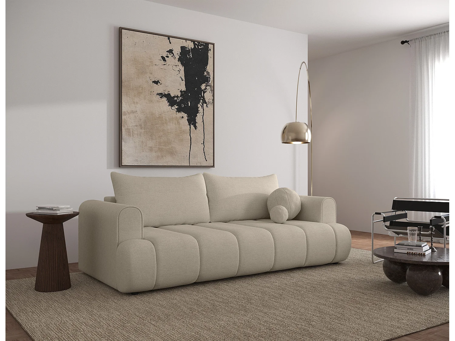 Canapé convertible trois places - tissu chenille beige clair - DANDELINO