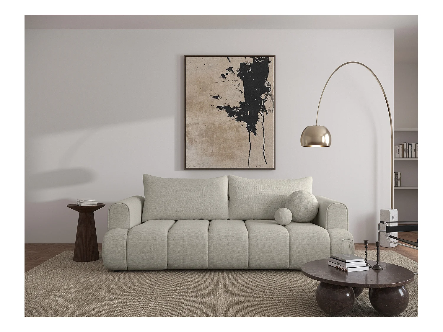 Canapé convertible trois places - tissu chenille gris-beige - DANDELINO
