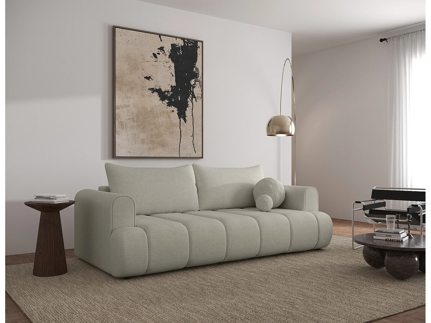 Canapé convertible trois places - tissu chenille gris-beige - DANDELINO