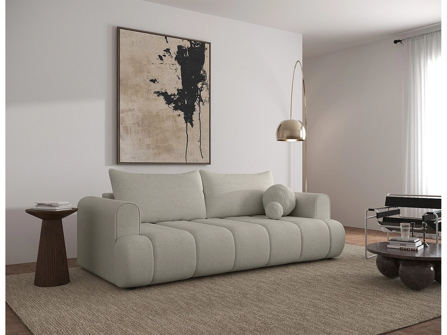 Canapé convertible trois places - tissu chenille gris-beige - DANDELINO