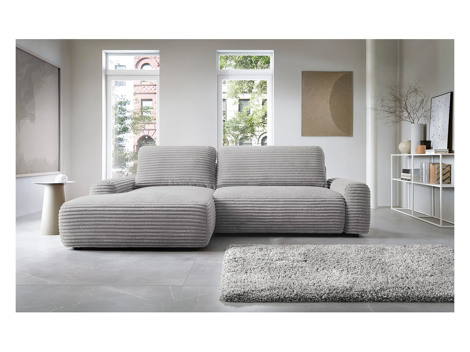 Canapé d'angle en forme de L avec fonction de couchage - velours côtelé - grège - côté gauche - ALFERIA