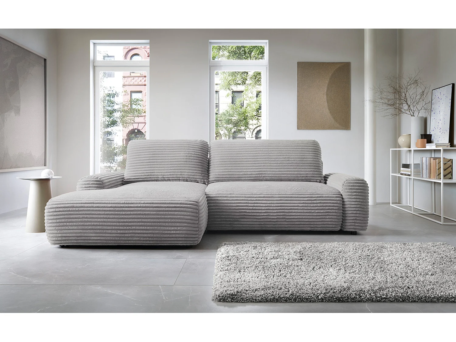 Ecksofa mit Schlaffunktion - Breitcord-Bezug - greige - linksseitig - ALFERIA