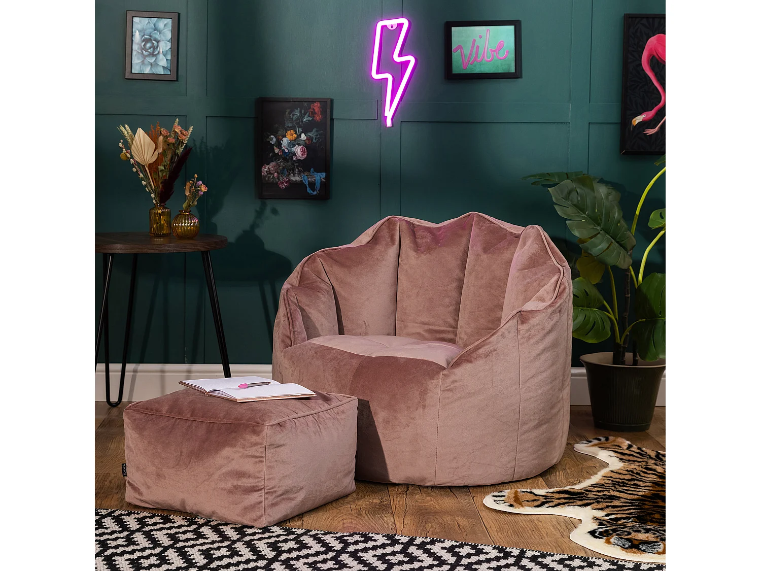 Pouf fauteuil avec repose-pied velours rose - SIRENA